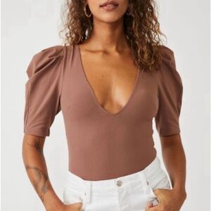 Free People Va Va Voop Puff Sleeve Java Bodysuit, NWT